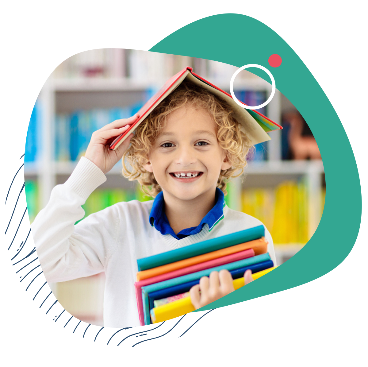 a photo of a tween with a book on his head carrying multiple books