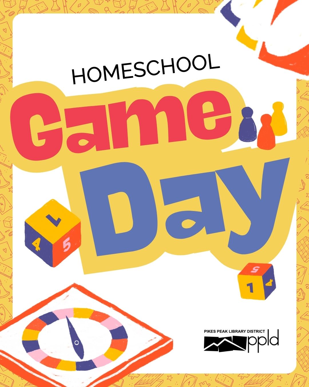 A colorful graphic with board games with the text "homeschool Game Day"