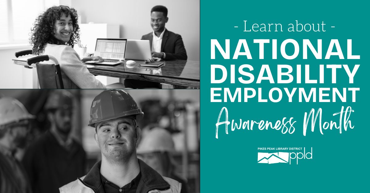 Graphic with office workers and construction workings with the words "Learn about National Disability Employment Awareness Month"