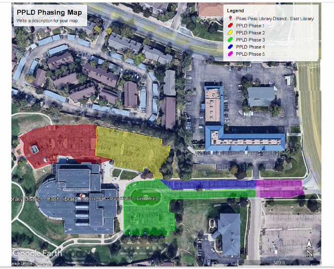 A Google Earth map showing  East parking lot repair phase 1 through 5. Repairs start at the back of the lot and will end at the Union Blvd. access.