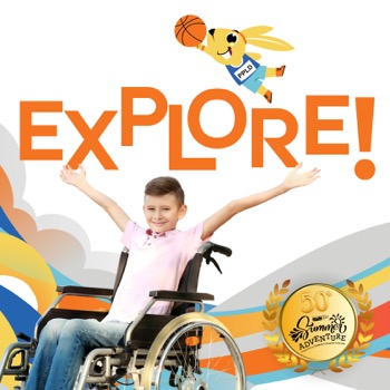 Kid in a wheelchair with the words "explore" above.