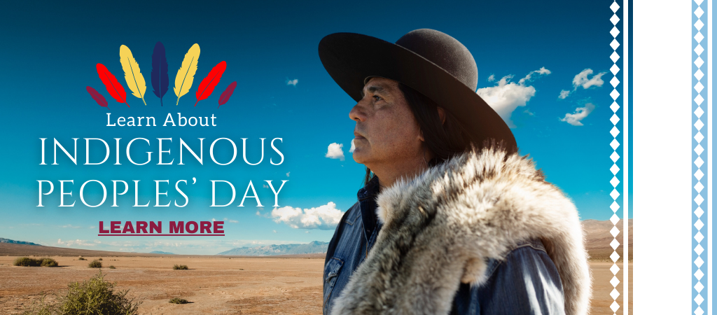 A graphic with a native american looking off into a field with the text "indigenous People's Day"